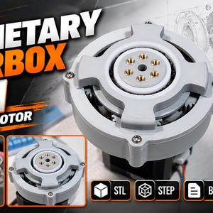 Könnte beinhalten: Ein DIY-Planetengetriebe für einen NEMA17-Motor mit einem Übersetzungsverhältnis von 3:1. Die Baugruppe besteht aus einem hellgrauen 3D-gedruckten Gehäuse mit internen Zahnrädern und einer zentralen Nabe mit sechs Messinggewindeeinsätzen. Inklusive Dateien.