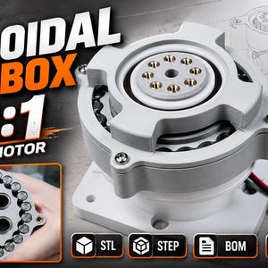 Könnte beinhalten: Ein DIY-Zykloidengetriebe mit einem Übersetzungsverhältnis von 23:1 für einen NEMA17-Motor. Die Baugruppe verfügt über ein weißes, kreisförmiges Gehäuse mit sichtbaren internen Lagern und Metallbefestigungen. Der Text umfasst DIY CYCLOIDAL GEARBOX 23:1 NEMA17 MOTOR, Compact Design, High Torque, 3D Printable, NEMA17 Motor, Assembly Guide, STL, STEP, BOM und GUIDE.