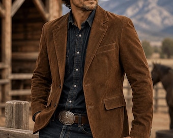 Men's Western Suede Leather Blazer | Handmade Brown Cowboy Jacket | Vintage Ranch Coat | Genuine Leather Jacket