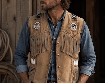 Men's Suede Fringe Vest | Handmade Cowboy Leather Waistcoat, Native Inspired Ranch Wear
