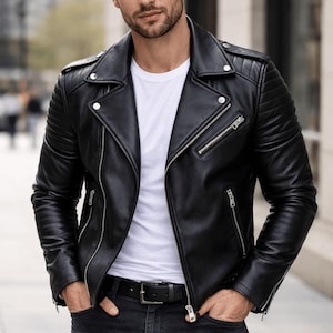 Men's Handmade Black Lambskin Leather Biker Jacket – Slim Fit Moto Style