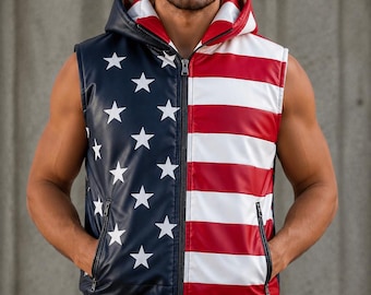 Men's USA Flag Genuine Leather Hooded Vest | American Flag Biker Vest | Handmade Leather Waistcoat