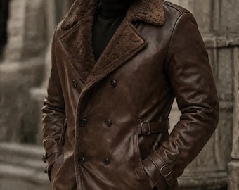 Men’s Vintage Genuine Sheepskin Leather Double-Breasted Short Coat, Brown Leather Trench Jacket
