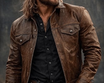 Men's Vintage Brown Lambskin Leather Jacket | Handmade Western Cowboy Trucker Coat