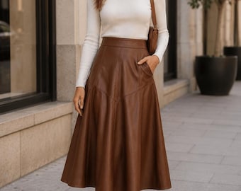 Handmade Leather A-Line Midi Skirt for Women – High Waist Flared Elegant Western Fashion Skirt