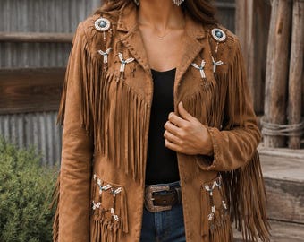 Damen Western Fringe Lederjacke mit Perlen | Braune Cowboy Jacke