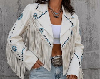 Handgefertigte Weiße Leder Fransenjacke - Perlenbesetzter Western Boho Cowgirl Moto Mantel