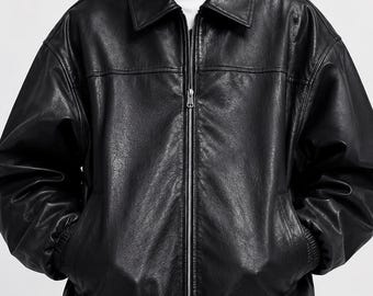 Schwarze übergroße Bomberjacke aus Leder für Herren - Mantel im Vintage Streetwear-Stil