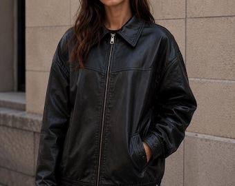 Übergroße schwarze Leder Bomberjacke - Vintage Streetwear Moto-Mantel