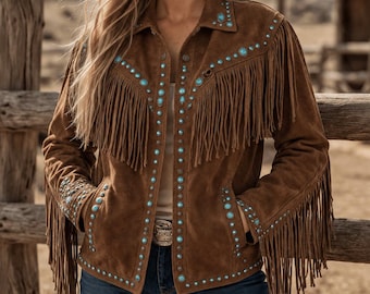 Women’s Western Fringe Leather Jacket | Brown Cowboy Jacket with Turquoise Stud Detailing