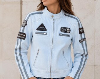 Women's Light Blue Leather Moto Jacket | Genuine Leather Biker Jacket | Vintage Cafe Racer Motorcycle Jacket | Handmade Leather Coat