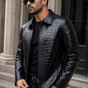 Genuine Leather Embossed Crocodile Jacket, Men's Black Pattern