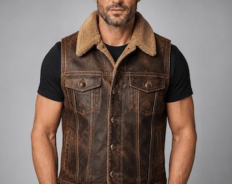 Herren Echtlederweste mit Lammkragen - Vintage Braun Distressed Western Cowboy Biker Weste