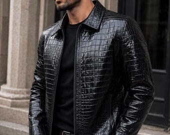 Genuine Leather Embossed Crocodile Jacket, Men's Black Pattern