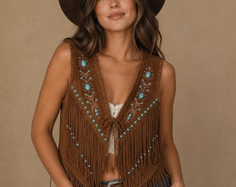 Women's Western Fringe Vest | Suede Cowgirl Vest | Turquoise Boho Vest