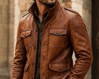 Men's Brown Leather Field Jacket | Vintage Safari Style Genuine Coat