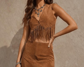 Women's Western Suede Fringe Two Piece Set | Cowgirl Crop Top & Asymmetrical Fringe Skirt | Boho Rodeo Festival Outfit