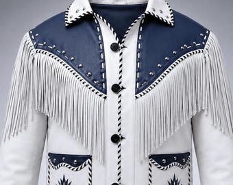 Weiße Wildleder Western Cowboyjacke für Herren - Handgefertigter Schaffellmantel mit Fransen und Perlen im Vintage Western-Stil