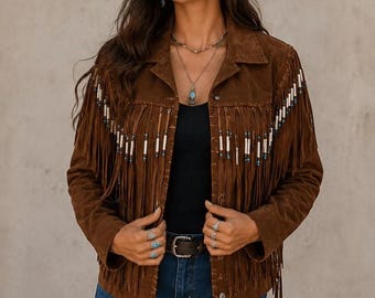 Damen Wildleder Perlenjacke | Western Cowgirl Fransen-Mantel | Vintage-Stil