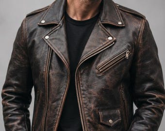 Handgefertigte Herren Vintage Rindsleder Lederjacke - Echter Biker Moto Mantel
