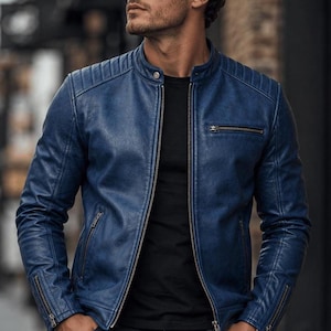 Men's Blue Genuine Leather Cafe Racer Jacket – Slim Fit Biker Coat Gift Him