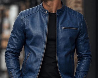 Herren Blau Echtleder Cafe Racer Jacke - Slim Fit Bikermantel Geschenk für Ihn