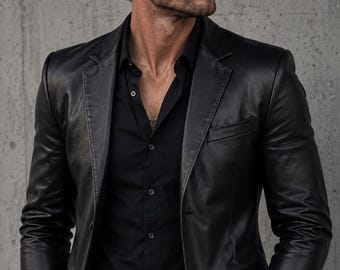 Schwarze Echtleder-Blazerjacke für Herren | Luxus Slim Fit Ledermantel