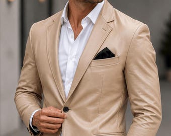 Herren Lederblazer aus echtem Lammfell - Beige Slim Fit Sportmantel, maßgeschneiderte Lederjacke, Smart Casual Mantel