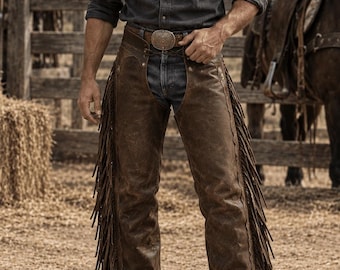 Men's Genuine Leather Western Chaps | Handmade Cowboy Riding Chaps | Fringe Motorcycle Biker Rodeo Gear