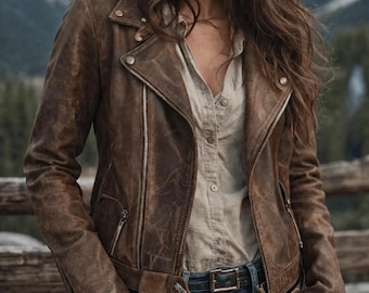 Women's Brown Genuine Lambskin Leather Moto Biker Jacket, Distressed Slim Fit Coat