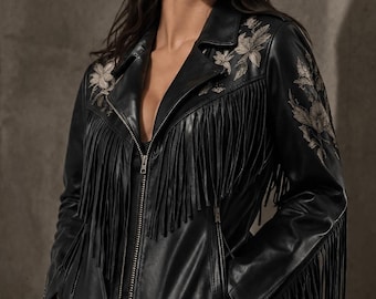 Women's Black Leather Fringe Jacket | Genuine Leather Biker Jacket | Western Cowgirl Coat | Floral Embroidered Handmade Leather Jacket