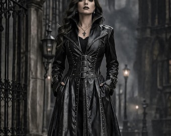 Women’s Gothic Leather Trench Coat | Steampunk Corset Long Black Overcoat