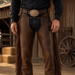 Men's Western Leather Chaps | Handmade Brown Fringe Cowboy Chaps | Genuine Leather Rodeo Ranch Riding Chinks | Cowboy Riding Gear