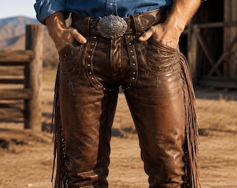 Men's Brown Leather Fringe Pants | Handmade Genuine Leather Cowboy Pants | Western Rodeo Biker Festival Wear