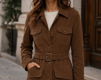 Women's Brown Suede Leather Jacket, Belted Utility Coat, Vintage Slim Fit Jacket, Western Outerwear