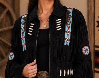 Women's Western Fringe Suede Leather Jacket | Genuine Handmade Cowgirl Jacket | Vintage Beaded Western Coat | Boho Leather Jacket