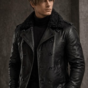 Leon Kennedy zwarte leren jas met kraag van imitatiebont, cosplayjas