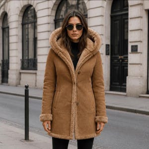 Könnte beinhalten: Ein brauner Mantel mit Kapuze, Shearling-Futter und -Besatz. Der Mantel hat eine Knopfleiste, zwei Taschen und eine taillierte Passform. Das Model trägt eine schwarze Hose und eine Sonnenbrille.