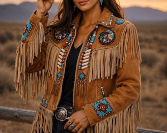 Chaqueta vaquera para mujer de ante marrón claro con flecos y cuentas - Chaqueta artesanal de estilo nativo americano