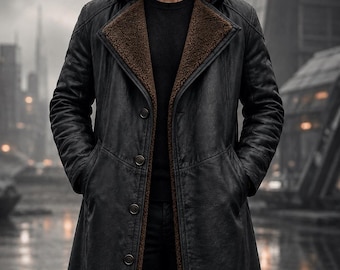 Casaco de couro estilo Officer K, inspirado em Blade Runner 2049, jaqueta trench coat feita à mão.