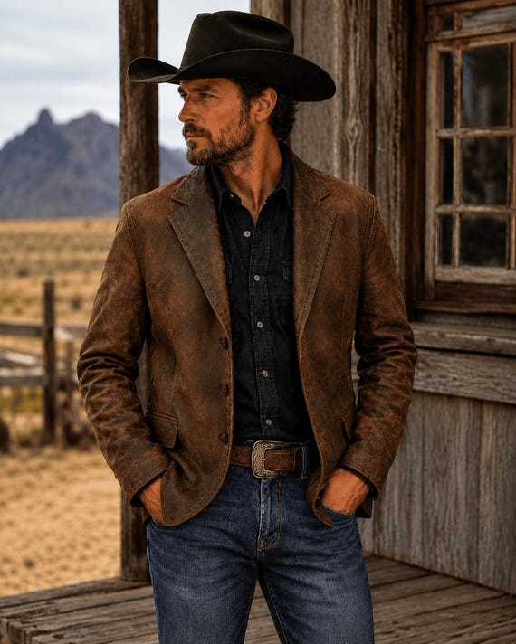 Men's Western Cowboy Leather Blazer | Vintage Ranch Jacket | Rustic Brown Suede Coat | Handmade Leather Sport Coat