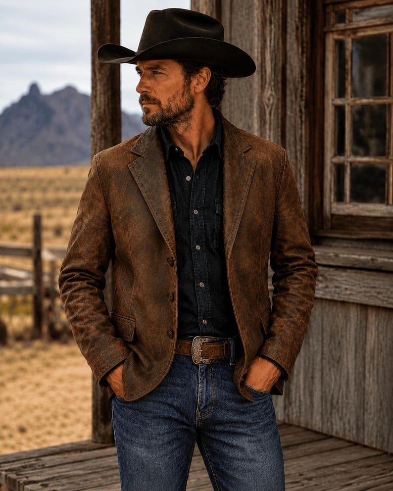 May include: A brown leather blazer, black shirt, and blue jeans ensemble, complemented by a black cowboy hat and a brown belt with a silver buckle. The scene is set outdoors, with a wooden building visible. The blazer's texture is weathered.