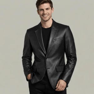 May include: A black leather blazer with a notched lapel, single-button closure, and front pockets. The jacket is worn over a black shirt. The blazer is a classic style, suitable for various occasions.