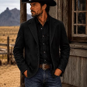 Men's Western Cowboy Leather Blazer | Vintage Ranch Jacket | Rustic Brown Suede Coat | Handmade Cowboy Jacket image 3