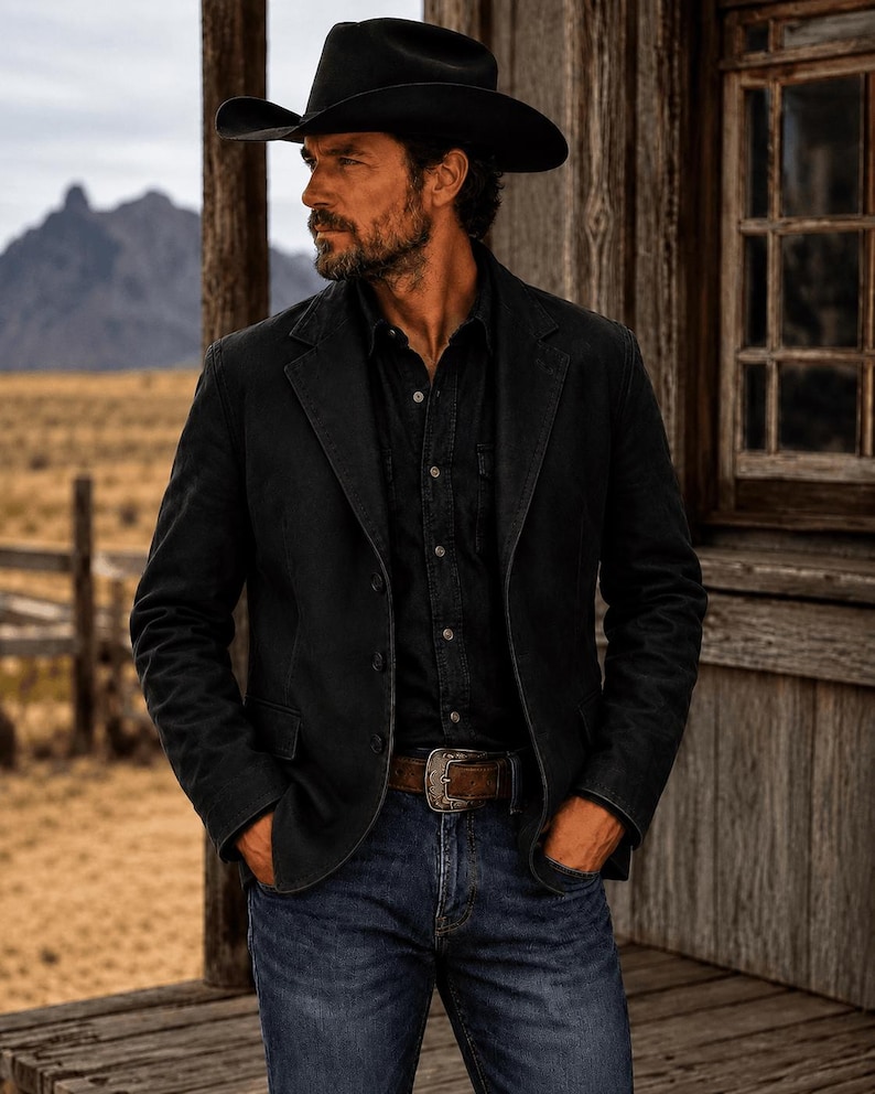 Men's Western Cowboy Leather Blazer | Vintage Ranch Jacket | Rustic Brown Suede Coat | Handmade Cowboy Jacket image 3