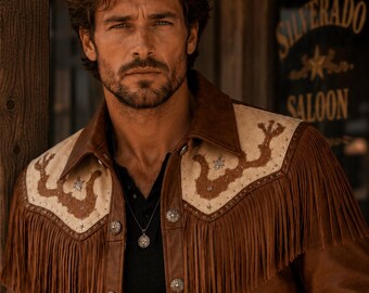 Mens Western Fringe Leather Jacket | Cowboy Ranch Coat | Genuine Leather Rodeo Wear | Handmade Vintage Jacket