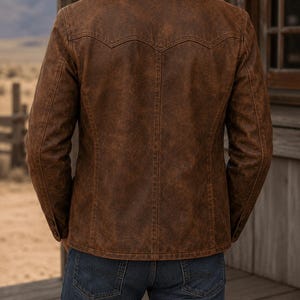 May include: A brown leather jacket with a distressed finish. The jacket features a classic collar, buttoned cuffs, and a Western-style yoke on the back. The person is wearing blue jeans. The background shows a wooden structure and a landscape.