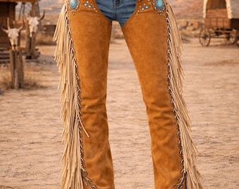 Women's Handmade Cowgirl Chaps | Genuine Buckskin Suede Leather Pants | Western Rodeo Fringe Chaps | Unique Gifts for Her