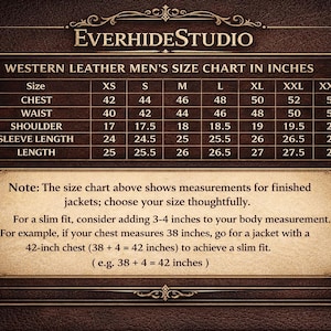 May include: A Western leather jacket size chart in inches, with measurements for chest, waist, shoulder, sleeve length, and length. Sizes range from XS to XXXL. The EverhideStudio logo is at the top.