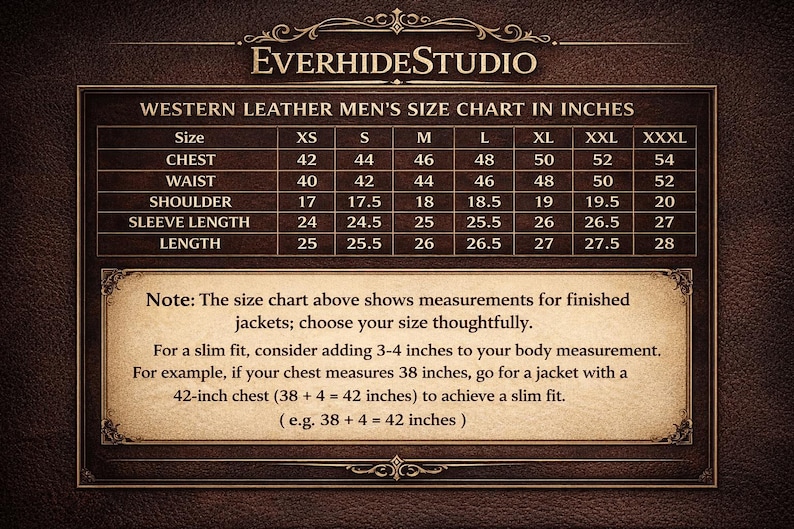 May include: A Western leather jacket size chart in inches, with measurements for chest, waist, shoulder, sleeve length, and length. Sizes range from XS to XXXL. The EverhideStudio logo is at the top.